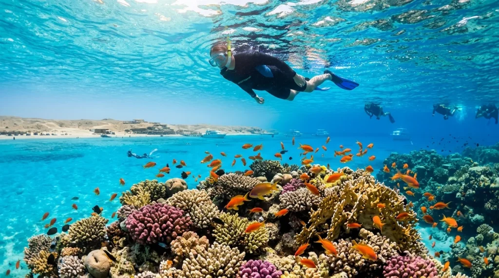 Snorkeler above a coral reef with reef fish, Giftun Islands