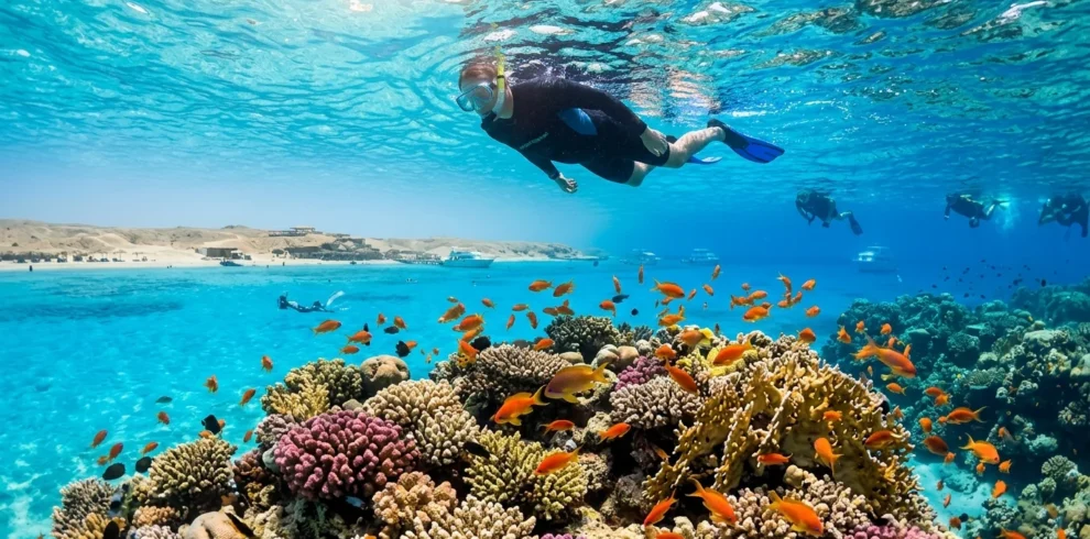 Snorkeler above a coral reef with reef fish, Giftun Islands